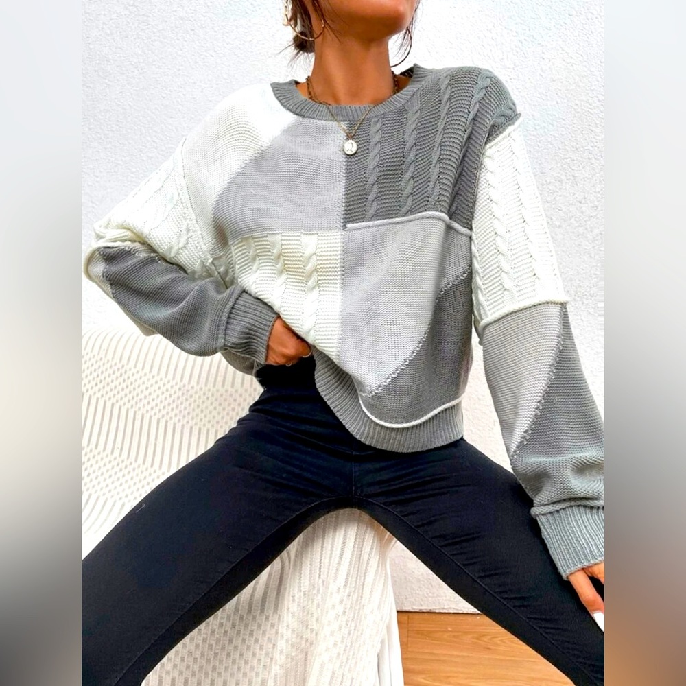 gray toned cable knit sweater